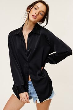 STYLED BY ALX COUTURE MIAMI BOUTIQUE Black Paris Top Chic Romper, Levis Outfit, Silk Button Up, Lifestyle Trends, Solid Color Shirt, All The Way Up, Trendy Clothes For Women, Get The Look, Classic Looks