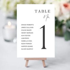 a table number card sitting on top of a wooden easel