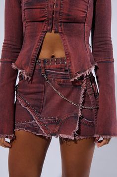 PULL A LOOK DISTRESSED MINI SKIRT IN RED Distressed Mini Skirt, Denim Dye, College Wardrobe, Shade Of Red, Shades Of Red, Unique Pieces, Mini Skirt, Mini Skirts, Skirt