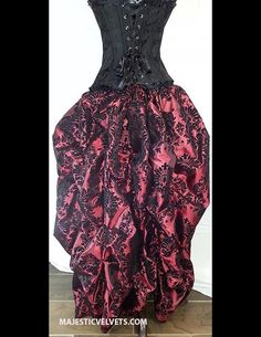 Corset: 20 grommets in back. Back lacing. 14 bones. Classic Victorian WINE AND BLACK damask pattern skirt is gathered in back to give a fabulous full look. Taffeta fabric. Can be worn down in front or you can tie it up to show your legs. (We sell the chains to give this look). Waistband is elastic. Message me at time of purchase with your exact size or bust/waist/height measurements for a better fit. FOR WAIST MEASUREMENT, MEASURE AT SKINNIEST PART OF YOUR WAIST, JUST ABOVE NAVEL. Fitted Gothic Costume For Cosplay Events, Gothic Fitted Costume For Cosplay, Fitted Gothic Costume For Cosplay, Punk Style Costumes For Halloween Fantasy Events, Steampunk Corset Dress For Cosplay, Black Steampunk Corset For Costume Party, Black Punk Corset For Costume Party, Gothic Cosplay Costume, Fitted Punk Cosplay Costume For Halloween