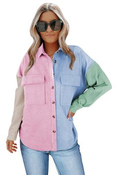 Multicolor Color Block Button Shirt with Pocket Women Loose Shirt, Casual Elegant Style, Block Button, Shirt With Pocket, Loose Cardigan, Women's Button Down Shirt, Cardigan Shirt, Solid Color Shirt, Loose Shirts