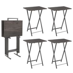 three tables and two stools are shown side by side with the same table on each side