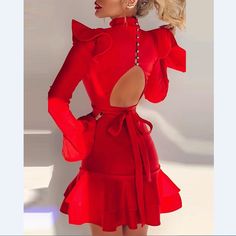 Short Red Dress, Ruffle Long Sleeve Dress, Red Bandage Dress, Red Ruffle Dress, Club Party Dresses, Party Dress Long Sleeve, Ruffle Long Sleeve, Solid Color Dress, Red Long Sleeve