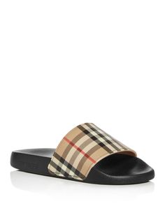 Burberry Women's Furley Vintage Check Slide Sandals Burberry Slides, Burberry Espadrilles, Burberry Heels, Designer Slides Women, Luxury Slides, Cute Slides, Dr Shoes, Pool Slide, Burberry Shoes