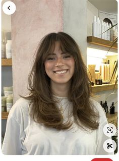 Medium Haircut Bangs Layers, Haircut For Medium Length Hair Bangs, Dimensional Brunette With Curtain Bangs, Long Hair Fringe Round Face, 90s Haircuts Long Hair, Fringe Inspo Long Hair, Haircut Ideas For Long Hair Round Face, A Frame Bangs, Long Layers Medium Length Hair With Bangs