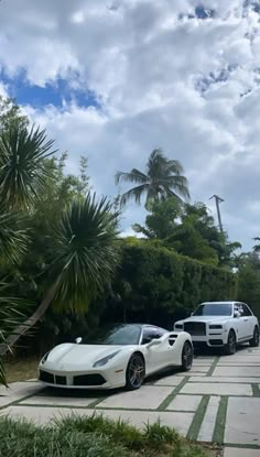 two white sports cars parked next to each other in front of palm trees and clouds