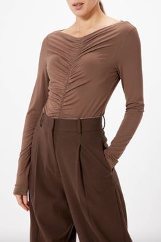 Long sleeve fitted topRuched detail down the front seam Long Sleeve Top Design, Ruched Long Sleeve Top, Office Outfits Women, Ruched Top, Dressy Tops, Boat Neckline, Office Outfits, Elegant Fashion, Winter Collection