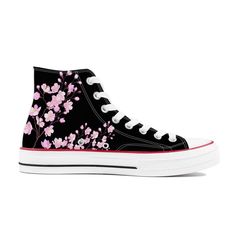 "The \"Sakura\" high top canvas shoes are a beautiful and stylish choice for anyone looking to add a touch of springtime and Japanese culture to their footwear. The shoes feature a cherry blossom design, which is inspired by the iconic springtime blooms that are so closely associated with Japan. The canvas material is adorned with a pattern of cherry blossom flowers or branches, creating a colorful and eye-catching look. The lace-up closure and padded ankle support make these shoes both comfortable and secure to wear, while their high top design provides additional protection and support around the ankle. Whether you're looking for a casual pair of shoes to wear on a daily basis or a fashionable and functional option for athletic activities, these cherry blossom-themed high tops are sure t Black Casual Custom Sneakers With Anime Print, Casual Black High-top Sneakers With Anime Print, Casual High-top Lace-up Sneakers With Anime Print, Casual Anime Print High-top Lace-up Sneakers, Casual High-top Sneakers With Anime Print, Casual Anime Print High-top Sneakers, Pink Harajuku Sneakers For Spring, Kawaii Sneakers For Spring Streetwear, Harajuku High-top Sneakers With Anime Print