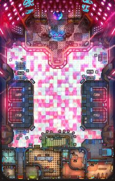 an overhead view of a futuristic city with lots of neon lights and pink tiles on the floor