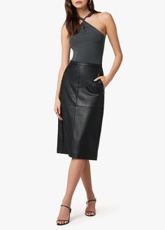 DOREEN CROSS SEAMED FAUX LEATHER SKIRT | Joe's® Jeans Denim Button Skirt, Boot Heels, Distressed Jean Skirt, Faux Leather Midi Skirt, Vegan Leather Skirt, Sophisticated Outfits, Leather Midi Skirt, Black Leather Skirts, Faux Leather Skirt