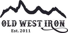 the old west iron logo is shown in black and white, with mountains behind it