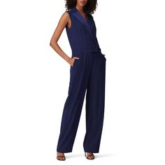 Navy crinkle chiffon (100% Polyester). Jumpsuit. Sleeveless. Shirt collar neckline. Exposed center back zipper with hook-and-eye closure. Fully lined. Inseam: 33". Leg Opening: 25". 58" from shoulder to hemline. Imported. Sleeveless Blue Pantsuit For Summer, Sleeveless Solid Color Workwear Pantsuit, Solid Sleeveless Pantsuit For Work, Tailored Sleeveless Spring Pantsuit, Elegant Tailored Sleeveless Jumpsuits And Rompers, Sleeveless Formal Summer Pantsuit, Sleeveless Summer Formal Pantsuit, Sleeveless Pantsuit For Formal Summer Events, Sleeveless Summer Pantsuit For Formal Occasions