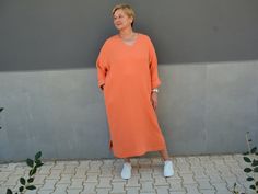 "Plus size kimono boho maxi dress dress for women. This cotton gauze dress looks simply gorgeous on women of all sizes and can easily be a sweatshirt dress for those bigger beautiful ladies as well as a oversized dress that is so comfortable to wear for slim/athletic ladies! Find out for yourself why this jumper dress dress is so perfect for holidays, work or walks in the autumn, spring and winter. And don't we didn't forget that one thing that brings extra joy for all of us - pockets! We made this kaftan maxi dress with two comfortable side pockets and two split so it is as comfortable as it gets! Also this double gauze dress can be lovely gift for women! -      The model is 2X US (50\\54 EU) size and she is 176 cm tall; -the tunic dress is +\\- 47.2\" (120 cm) length - from back/neckline Oversized Cotton Casual Maxi Dress, Relaxed Fit V-neck Maxi Dress For Spring, Casual Loose Fit Maxi Dress For Fall, Relaxed Fit Long Sleeve Maxi Dress, Casual Non-stretch Maxi Dress For Daywear, Oversized Beach Dress For Fall, Casual Oversized Maxi Dress For Fall, Casual Cotton Maxi Dress For Loungewear, Casual Flowy Tunic Maxi Dress