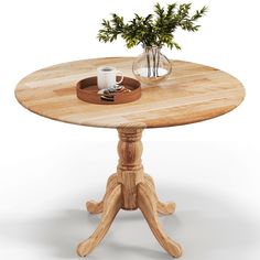 a small wooden table with a plant in a glass vase on the top and a cup holder underneath it