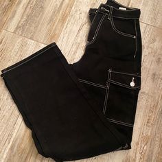 Comfortable And Breathable Pair Of Jeans. Product Measurement Length:43.9 Inch, Waist Size:26.4 Inch, Hip Size:37.8 Inch, Thigh:23.9 Inch Black Wide Leg Pants With Contrast Stitching, Black Straight Leg Cargo Pants With Contrast Stitching, Trendy Black Cargo Pants With Contrast Stitching, High Waist Black Bottoms With Contrast Stitching, Black High-waisted Cargo Jeans For Spring, High Waist Black Pants With Contrast Stitching, Black High Waist Pants With Contrast Stitching, Trendy Black Pants With Contrast Stitching, Black Utility Bottoms With Contrast Stitching