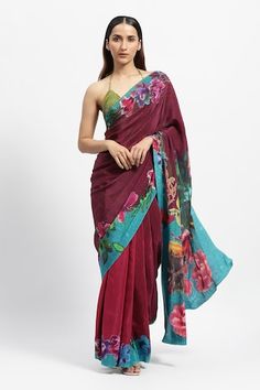 Maroon red saree featuring floral print on the hem and pallu embellished with tikki stones. Comes with a running blouse piece. - Aza Fashions Festive Red Pre-draped Saree With Printed Motifs, Red Floral Print Georgette Dupatta, Art Silk Floral Print Pre-draped Saree, Festive Red Saree With Floral Print, Festive Red Floral Print Saree, Red Semi-stitched Dupatta With Floral Print, Red Silk Saree With Floral Print, Red Semi-stitched Floral Print Dupatta, Bollywood Style Red Kalamkari Pre-draped Saree