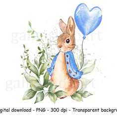 a watercolor drawing of a rabbit holding a blue balloon with leaves around it and the words digital download png - 300p transparent background backgrounds