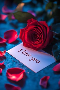 a red rose sitting on top of a table next to a card with the words i love you