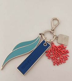 a keychain with a red coral and blue stripe on the bottom is shown