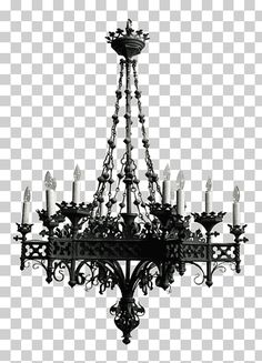 a chandelier with candles hanging from it's arms in black and white