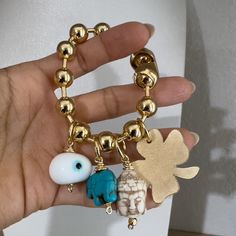 Chunky Charm Bracelet, Clover 3, Bracelet With Charms, Pretty Ear Piercings, Dior Jewelry, Ball Bracelet, Bracelet Charms, Evil Eye Charm