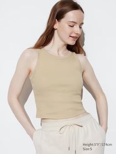 Ribbed Cropped Sleeveless Bra Top | UNIQLO US Uv Protection Clothing, Puffer Jacket Style, Chino Joggers, Healthy Style, Uniqlo Tops, Top Bra, Cardigan Shirt, Tank Top Camisole, Customer Feedback