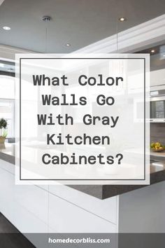 a kitchen with white cabinets and black counter tops, the words what color walls go with gray kitchen cabinets?