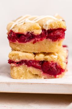 three strawberry shortcakes stacked on top of each other