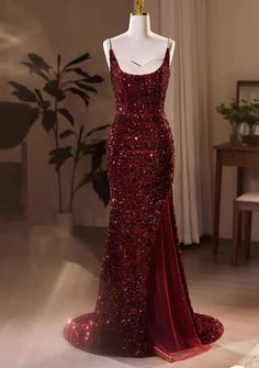 Wine Red Sequins Mermaid Long Formal Dress, Wine Red Evening Dress Party DressMaterial:sequinColor:As shown in figure color or custom colorBack details:lace-upDress type:bodyconneckline:spaghetti strapStyle:luxury&ltp&gtFeatures:shiny&lt/p&gt&ltbr/&gt&ltp&gtThis dress could be custom made, there are no extra cost to do custom size and color.&lt/p&gt&ltbr/&gt&ltp&gt1, If the color is customized, please note the color & card number.&lt/p&gt&ltbr/&gt&ltp&gt2,You can choose standard size or custom s Fitted Red Mermaid Dress For Party Season, Red Mermaid Dress For Party Season, Red Mermaid Hem Dress For Party Season, Red Mermaid Hem Evening Dress With Sweep Train, Red Mermaid Dress For Party, Red Carpet Red Gown With Mermaid Hem, Red Sequined Mermaid Dress For Wedding, Red Mermaid Hem Evening Dress For Party, Red Mermaid Hem Party Dress