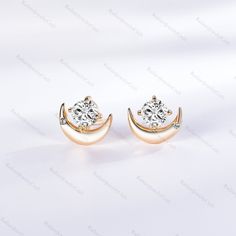 Vintage Round Cut Moissanite Stud Earrings Yellow Gold Cluster Crescent Moon Dainty Earrings Women Unique Promise Anniversary Gift for Her Radiant Jewelry takes pride in offering handcrafted engagement rings that undergo rigorous quadruple-checks to ensure the highest quality. PRODUCT INFORMATION >Metal: SOLID 10K / 14K / 18K GOLD /S925 (can be made in white/rose/yellow gold) >Main Stone *Center Stone: Cubic Zircon / Moissanite *Size & Shape: 4.5mm Round Cut >Side Stones: *Center Stone: Cubic Zi Celestial Earrings With Diamond Accents For Anniversary, White Crescent Diamond Jewelry, Crescent Shaped Earrings For Anniversary, Crescent Earrings For Anniversary, Elegant White Crescent Earrings, Elegant Moon Shaped Cubic Zirconia Earrings, Rose Gold Crescent Earrings, White Celestial Round Earrings, Celestial White Round Earrings