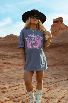 ♡ Welcome to Moxie & Bloom! Embrace vintage cowgirl sass with our The Hell I Won't Vintage Cowgirl Graphic T-Shirt from Moxie & Bloom! This 1717 Comfort Colors tee features a bold graphic of a vintage cowgirl defiantly making a statement with the empowering phrase "the hell I won't". With its worn-in vintage look and feel, it's the perfect gift for those who love western nostalgia and attitude. Whether you're kicking back at a rodeo or hanging out with friends, this shirt combines comfort and st Letter Print T-shirt For Rodeo, Cowgirl Graphic, Girl Western, Vintage Cowgirl, Retro Graphic Tees, Fabric Set, Comfort Colors Tee, Western Shirt, Country Girl