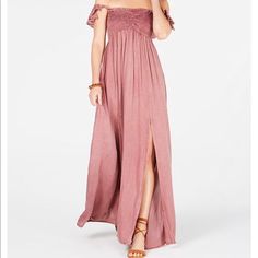 Nwt Maxi Cover Up Dress Super Cute Never Worn In A Pretty Blush Color Has 2 Slits In The Front Size Medium Spring Off-shoulder Maxi Dress With Side Slits, Off-shoulder Maxi Dress With Side Slits For Spring, Spring Rayon Dress With Side Slits, Summer Maxi Dress With Split Hem For Date Night, Brunch Midi Dress With Split, Spring Chic Maxi Dress With Split Hem, Chic Spring Maxi Dress With Split Hem, Spring Split Hem Maxi Dress For Brunch, Chic Maxi Dress With Split Hem For Brunch