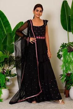 Shop for Label Kritika Kataria Black Silk Embroidered Kurta Sharara Set for Women Online at Aza Fashions Black Kurta, Kurta Sharara Set, Kurta Sharara, Embroidered Motifs, Beaded Neckline, Sharara Set, Pattern Embroidery, Silk Embroidery, Fabric Silk