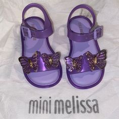 New Mini Melissa Butterfly Sandals Size 6 Toddler Velcro Strap. Please View Pictures For A Better Description Of The New Item. Shoe Box Not Included Melissa Jelly Shoes, Butterfly Sandals, Mini Melissa Shoes, Purple Sandals, Barbie Shoes, Rainbow Sandals, Toddler Sandals, Glitter Sandals, Melissa Shoes