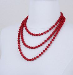 "A beautiful necklace featuring sparkly glass crystal beads. Necklace measures 48\". No clasp. Necklace is made of glass crystal.  If you need longer a different length, please contact us for custom order details. Thank you! Our store front: https://www.etsy.com/shop/HelensCollection Orders are shipped within 1-2 business days by USPS from the United States. It usually takes 2-5 business days to deliver to the lower 48 states." Faceted Round Bead Crystal Necklace For Party, Party Crystal Beaded Necklaces With Round Beads, Red Crystal Round Bead Necklace, Red Crystal Round Bead Necklaces, Crystal Beaded Necklaces For Party With Round Beads, Red Crystal Necklaces With Faceted Beads For Jewelry Making, Long Glass Beaded Necklaces For Party, Red Faceted Crystal Necklaces For Jewelry Making, Red Crystal Necklace With Round Beads