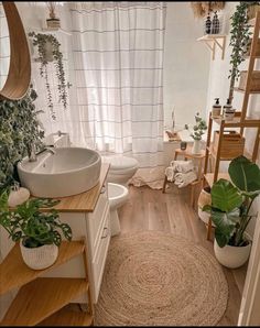 a bathroom with wooden floors and plants in the bathtub, along with a rug on the floor