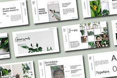 an assortment of brochures with green plants and text on the front, back and sides