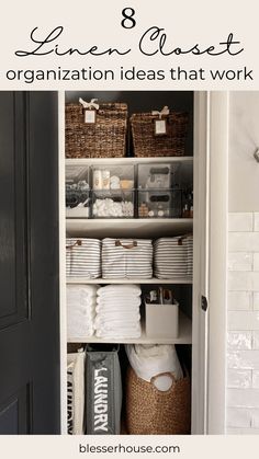 an organized closet with baskets and linens in it