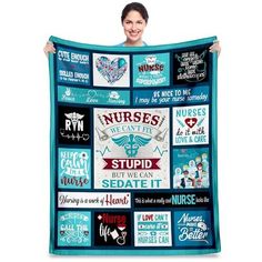 a woman holding up a blanket with nurse's words on it