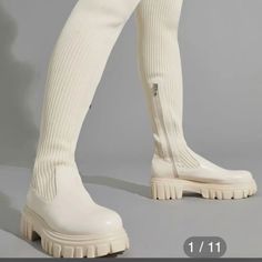 Cream Stretchy Knee Boots Womens Size 8 Brand New Casual White Knee-high Boots With Round Toe, Casual Platform Boots For Spring, Casual Spring Platform Boots, Casual Knee-high Platform High Heel Boots, Fitted High-top Casual Platform Boots, Casual Fitted High-top Platform Boots, Casual High-top Knee-high Boots For Fall, Casual Flat Heel Knee-high Winter Boots, Casual Flat Heel Knee-high Boots For Winter