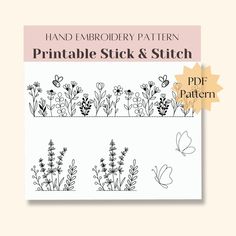 the printable stick and stitch pattern for hand embroidery is shown in black and white