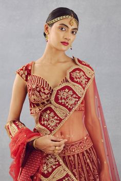 Bright red 12 kali lehenga in a silk velvet base gold thread and sequin embroidered motifs and cutwork detail at the border. Comes with sweetheart neckline blouse and butterfly net dupatta.
Component: 3
Pattern: Embroidery
Type Of Work: Thread and Sequin
Neckline: Sweetheart
Sleeve Type: Cap
Fabric: Silk Velvet and Butterfly Net
Color: Red
Other Details: 
Sheer dupatta with embroidered cutwork detail border
Scalloped lace trim on the blouse hems
Low back with tie up and tassels
Lehenga with tie Red Gown With Pallu For Traditional Ceremonies, Traditional Red Gown With Cutdana Details, Ceremonial Red Gown With Pallu, Red Ceremonial Lehenga For Festive Occasions, Red Gown With Cutdana For Wedding, Red Wedding Gown With Cutdana Details, Red Wedding Gown With Cutdana, Red Gown With Pallu For Reception, Red Ceremonial Choli For Navratri