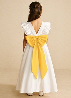 Let your flower girl have fun walking down the aisle while tossing petals in our matte satin dress, Aero. She features a scoop neckline, a beautiful V-back, a lovely bow tie belt, a ruched A-line skirt, and adorable flutter sleeves. This dress is not only perfect for a flower girl at a wedding but also versatile enough for other special occasions. Satin Flower Girl Dresses, Fun Walk, Matte Satin, Walking Down The Aisle, Belt Tying, Satin Dress, Flutter Sleeves, Girl Dresses, Tie Belt