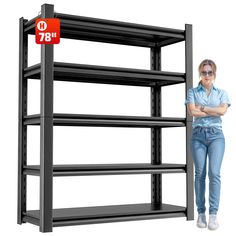 a woman standing next to a shelf with shelves on each side and the number 78