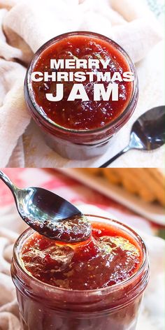 two pictures of jam in a jar and spoon with the words merry christmas jam on it