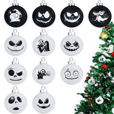 a christmas tree is decorated with black and white ornament designs for halloween decorations