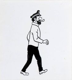 a black and white drawing of a man with a pipe in his mouth walking down the street