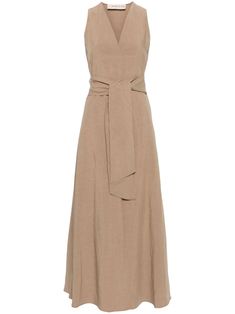 Chic Sleeveless Maxi Dress With Tie Fastening, Elegant Belted Sleeveless Maxi Dress, Elegant Sleeveless Belted Maxi Dress, Chic Belted Maxi Dress For Work, Chic Beige Belted Dress, Sleeveless Linen Maxi Dress For Formal Occasions, Formal Sleeveless Linen Maxi Dress, Chic Beige Dress With Belt, Sleeveless Belted Maxi Dress For Daywear