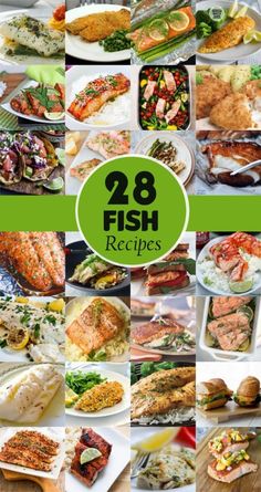 the cover of 28 fish recipes with pictures of different types of food and vegetables on it