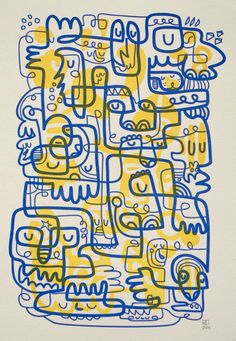 an abstract painting with blue and yellow colors on white paper, in the shape of a square